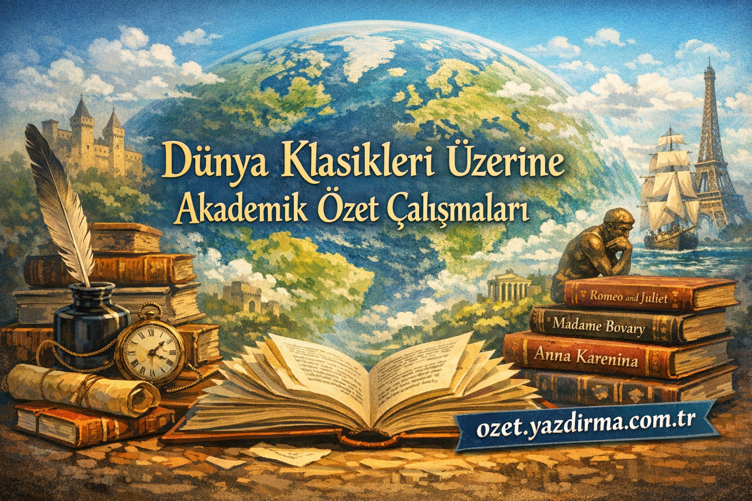 Banner about academic summaries of world classics; globe, vintage books, quill, clock and ship in a scenic setting.