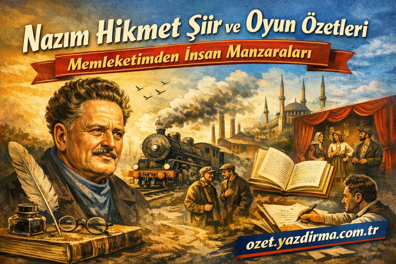 Vintage poster featuring Nazım Hikmet portrait with a quill, ink, and glasses, a steam train in the background, open books, and a people’s scene near a stage.