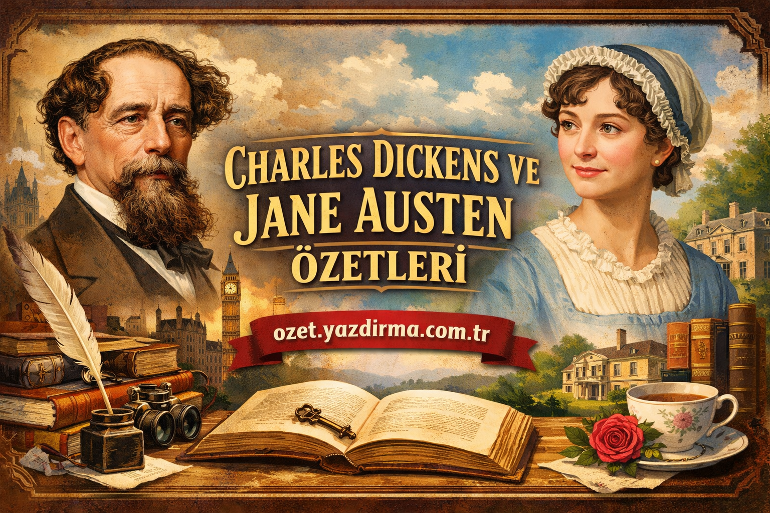 Vintage poster featuring Charles Dickens on the left and Jane Austen on the right with Turkish title text and a red ribbon reading ozet.yazdirma.com.tr, surrounded by books, a quill, a key, a cup of tea, a rose, and a countryside cityscape.