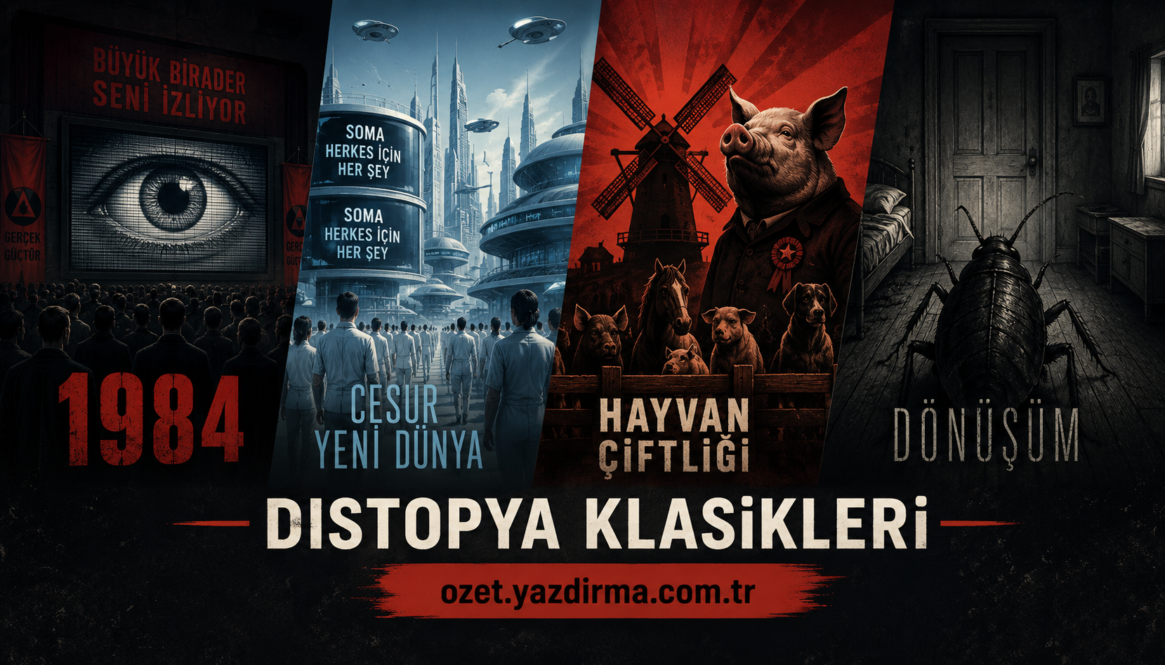 Collage of four dystopian posters: 1984, Cesur Yeni Dünya, Hayvan Çiftliği, Dönüşüm, with bold Turkish titles and a red/black grunge background and site ozet.yazdirma.com.tr