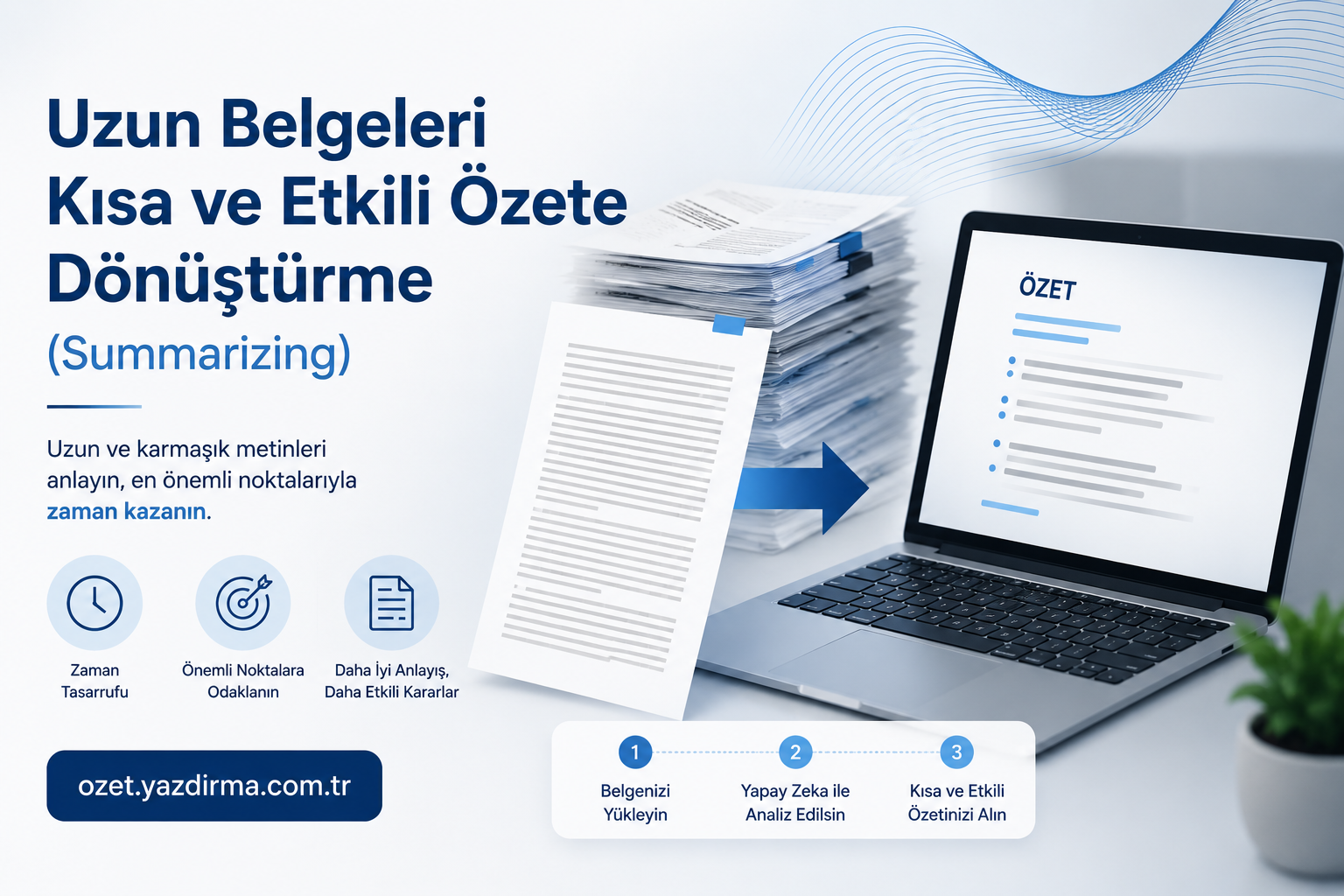 Turkish infographic promoting long-to-short document summaries; shows a laptop displaying 'ÖZET' beside a stack of papers and a 3-step process.