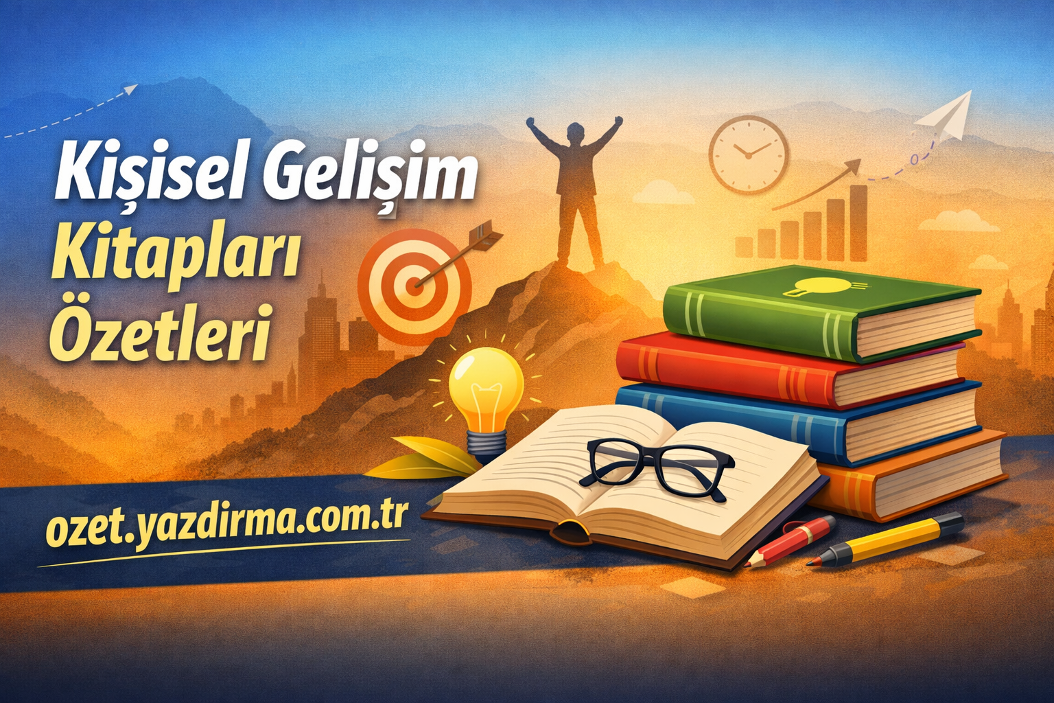 Turkish banner promoting personal development book summaries, with colorful stacked books, open notebook, glasses, lightbulb, and sunset skyline in the background.