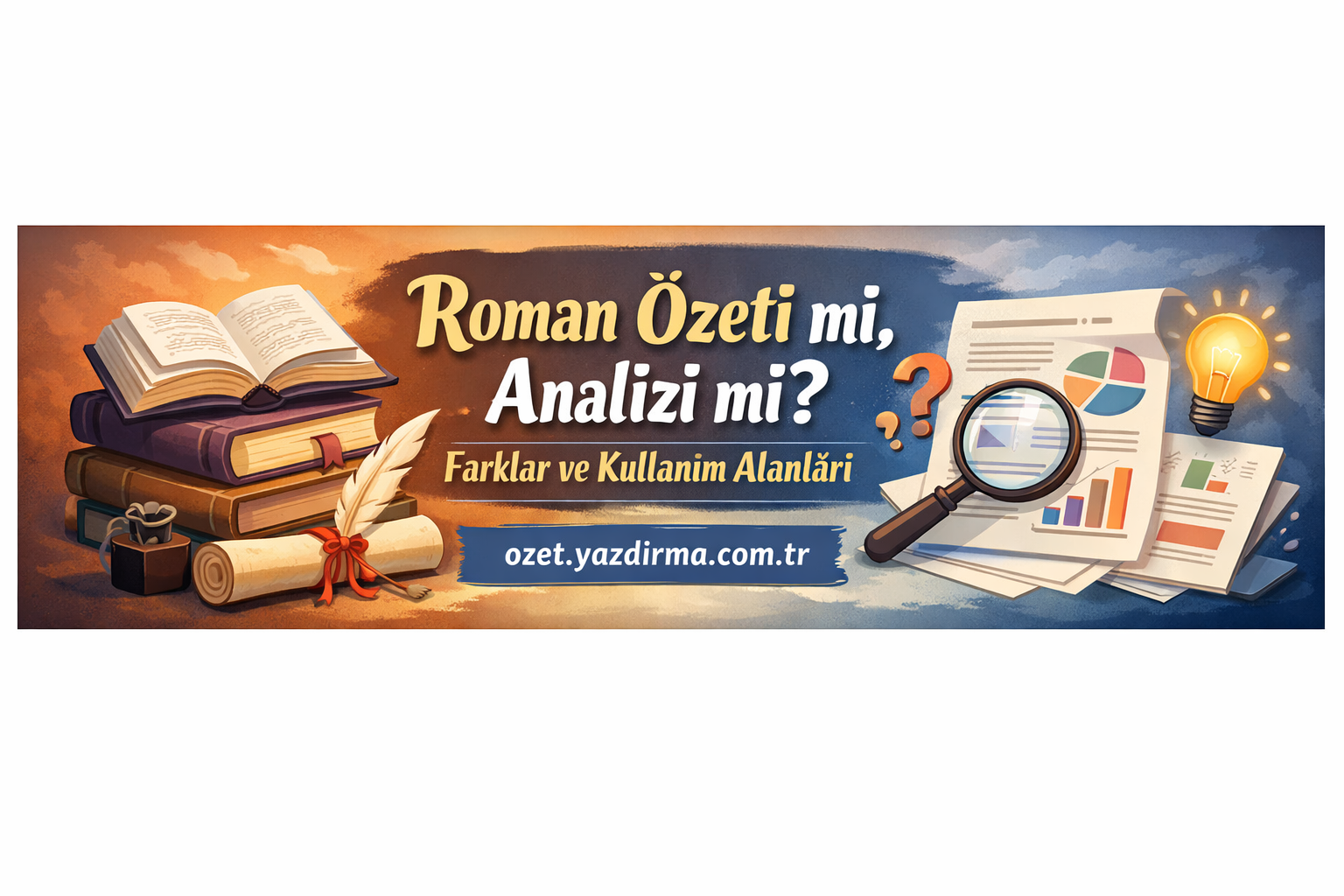 Renkli banner with books, rolled parchment and a magnifying glass, showing the Turkish slogan 'Roman Özeti mi, Analizi mi? Farklar ve Kullanım Alanları' and the site ozet.yazdirma.com.tr.