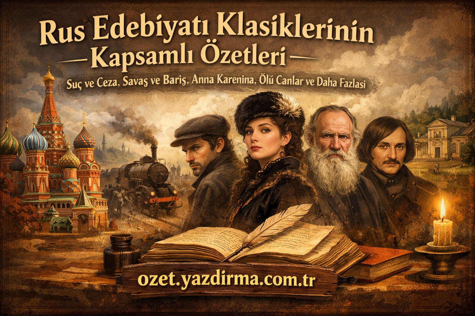 Vintage poster for Russian literary classics featuring four characters, an open manuscript with quill, candle, steam train, and onion-domed architecture in the background.