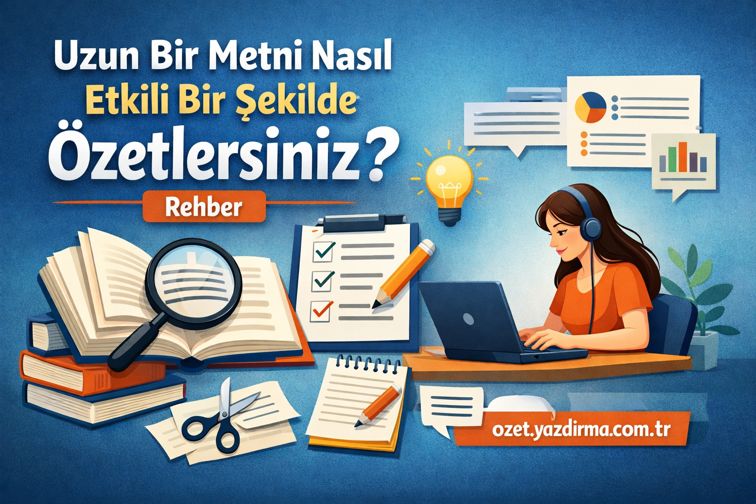 Turkish banner advertising a guide: 'How to summarize a long text effectively' with a student at a laptop, books, checklist, and lightbulb graphics.