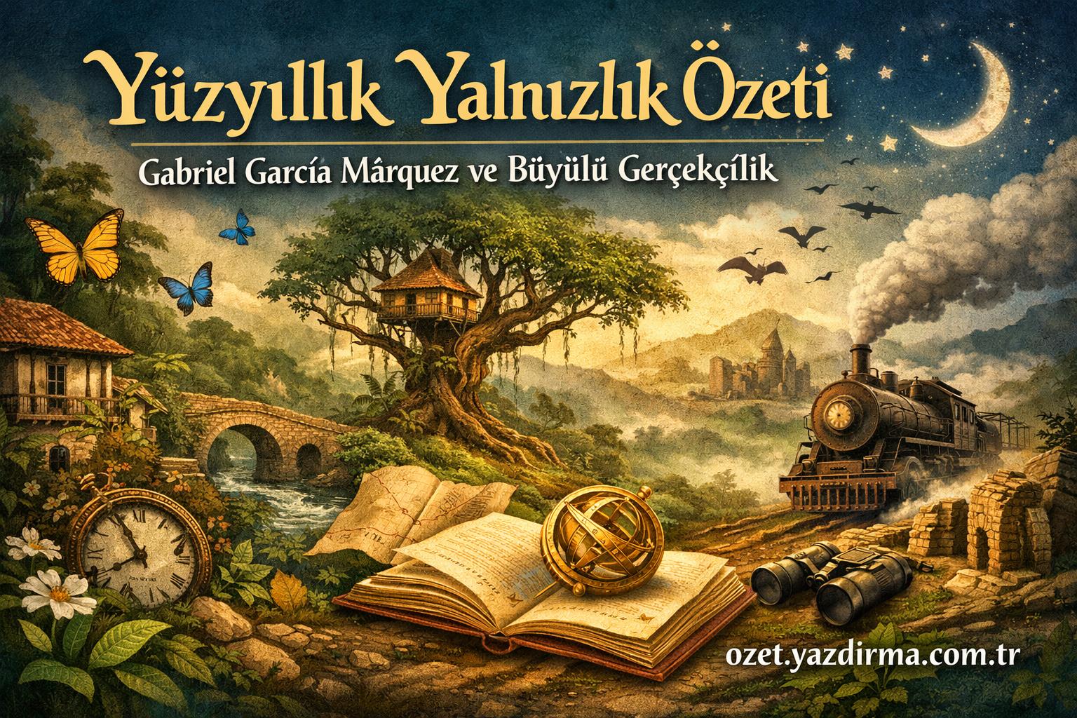 Poster for 'Yüzyıllık Yalnızlık Özeti' (One Hundred Years of Solitude summary) with a magical-realism landscape: tree with a treehouse, butterflies, a steam train, an open book with a brass compass, clock, and lush scenery under a moonlit sky.