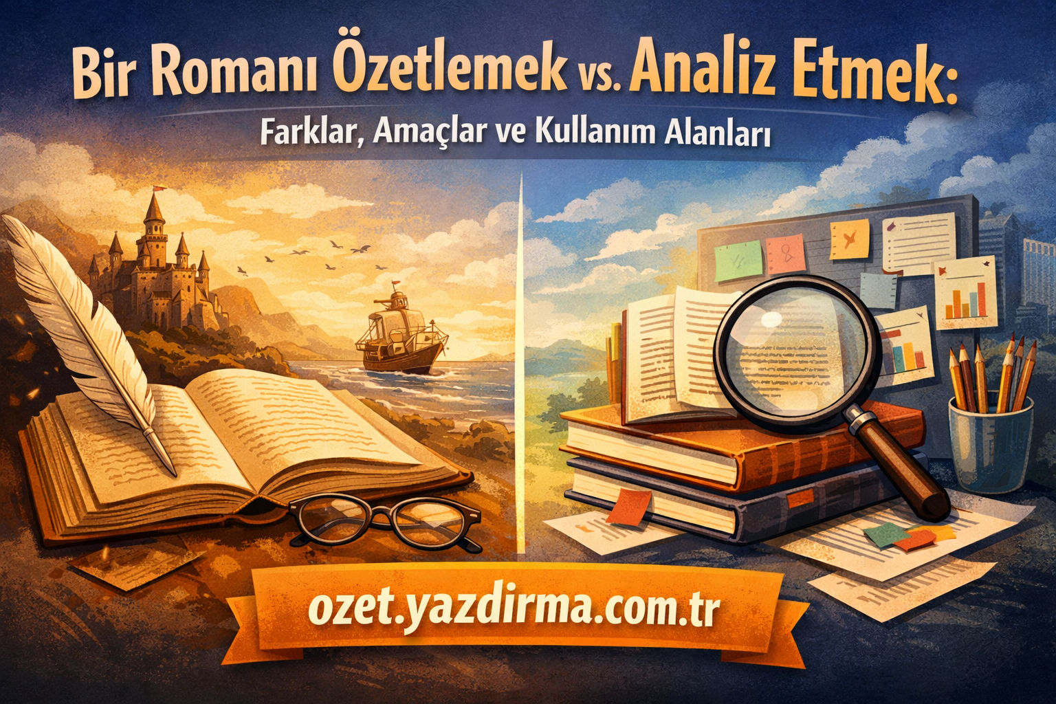 Split illustration: left side shows an open book, feather quill, and glasses by a coastal castle; right side shows stacked books, a magnifying glass, and scattered notes. Banner at bottom reads ozet.yazdirma.com.tr.