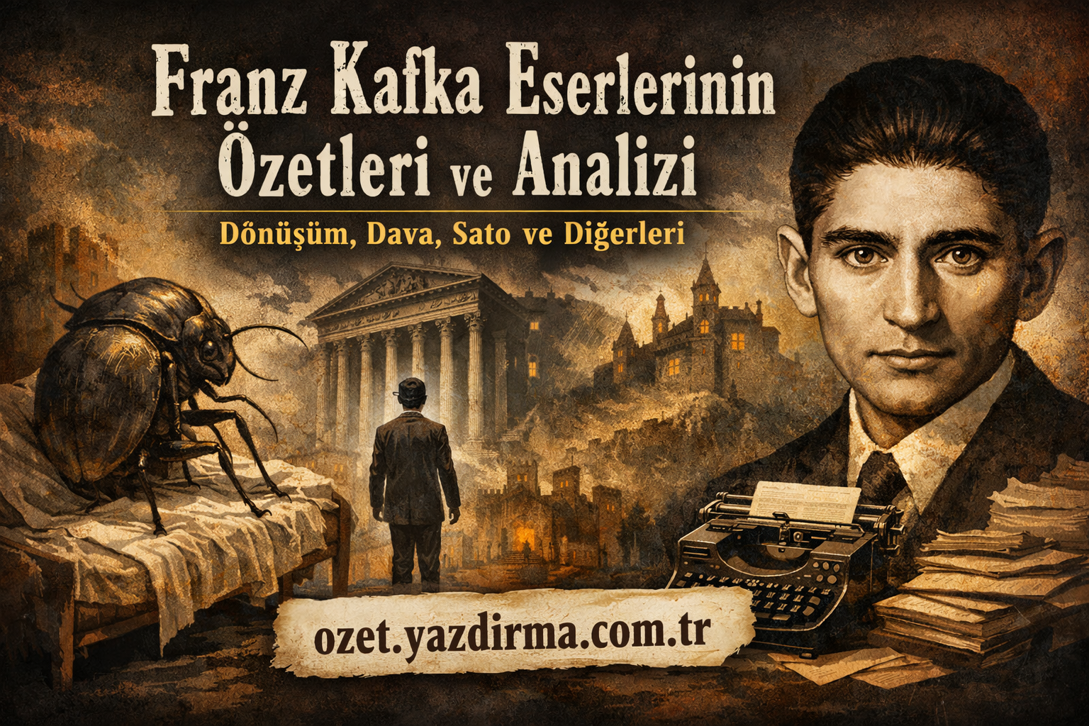 Turkish banner image advertising Kafka works: large title, beetle on a bed, man in suit walking toward ruined buildings, a Kafka portrait and a typewriter with the site ozet.yazdirma.com.tr