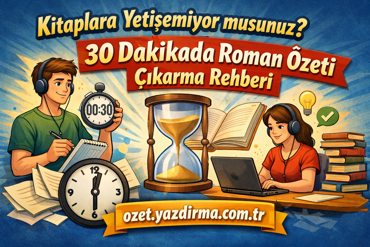 Promotional banner advertising a guide to summarizing novels in 30 minutes, with students studying and an hourglass illustration (website ozet.yazdirma.com.tr).