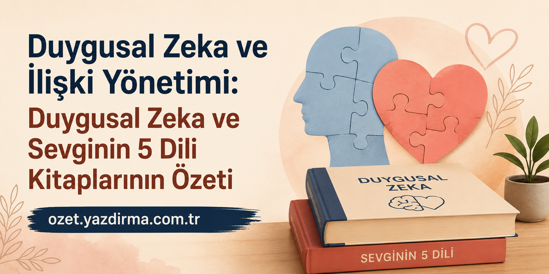 Banner with Turkish title about emotional intelligence; on the right is a blue head-shaped puzzle and a pink heart puzzle beside stacked books on a desk.